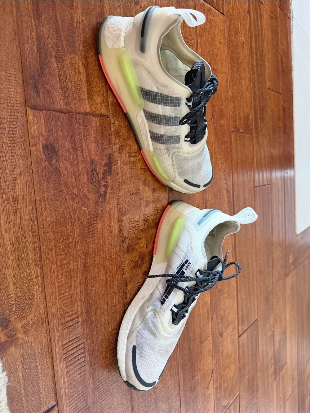 adidas White Sneakers with Black Stripes and Neon Green Accents